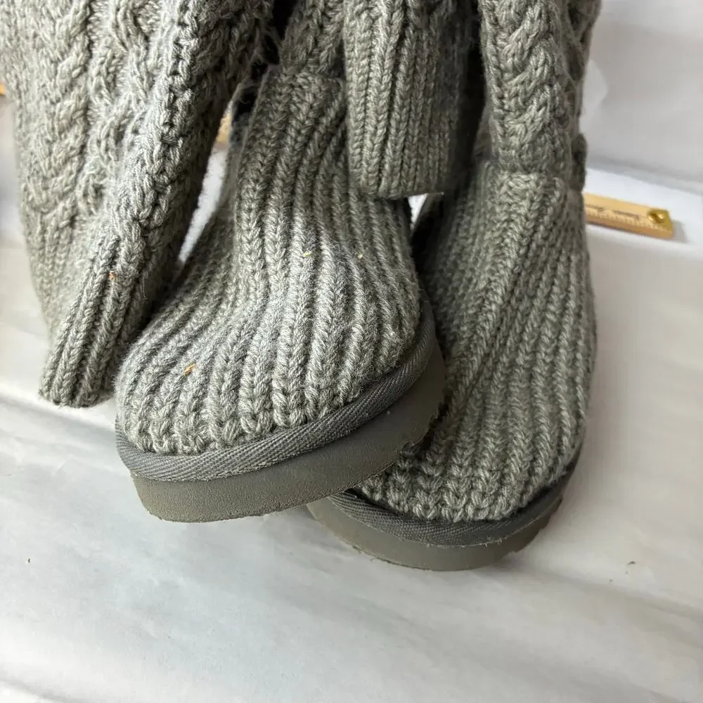 UGG Tall Classic Cardy Cable Knit Boots Women 11 Gray Wool Slouchy Button Winter
